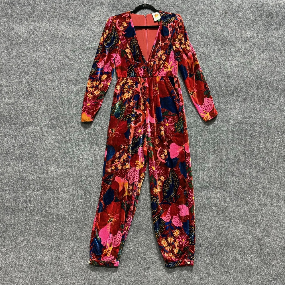 Farm Rio Jumpsuit Womens S Red Multicolor Velvet Floral Long Sleeve V Neck Party
